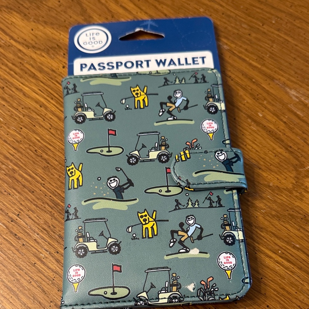 NWT Life Is Good Blue Passport Wallet with Golf Graphics flaw